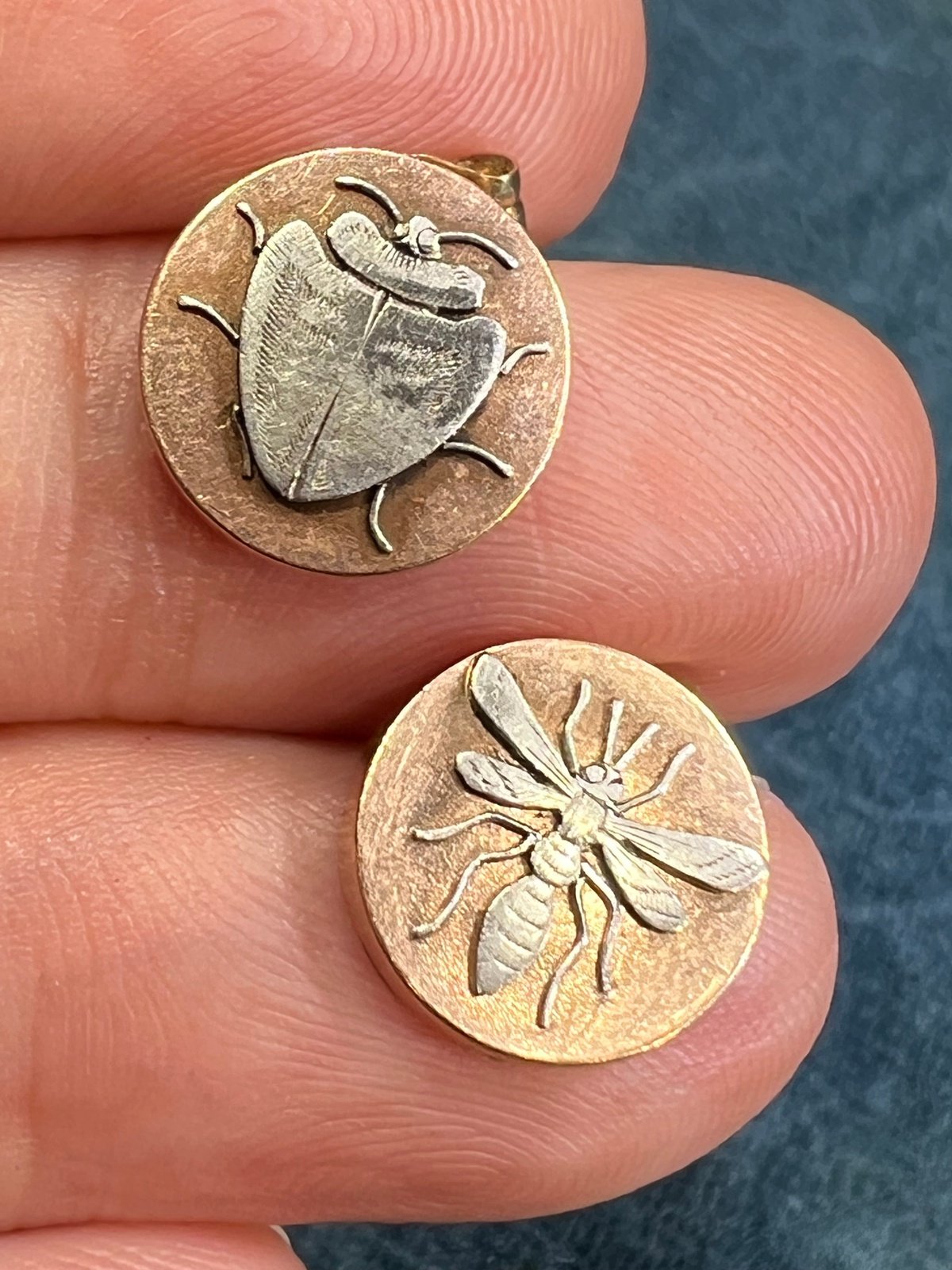 14k Rose Gold & Platinum Antique Insect Bug Disk Earrings