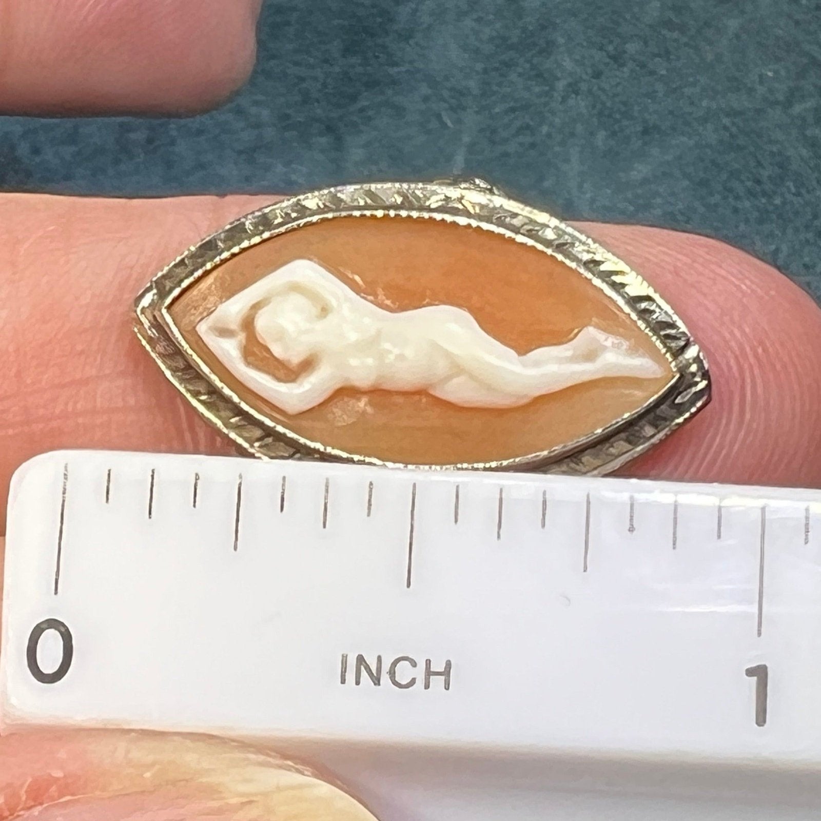 14k White Gold Cameo Nude Nymph Dancer Filigree Ring. 1" Marquise