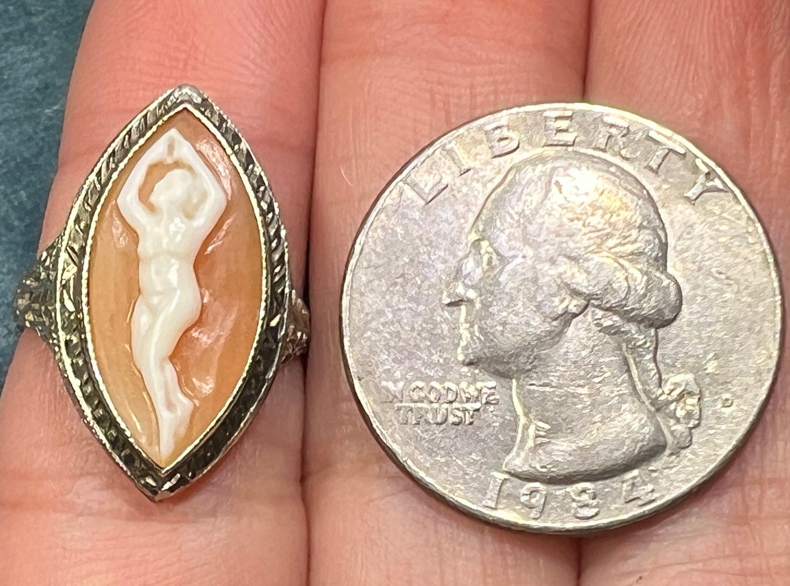 14k White Gold Cameo Nude Nymph Dancer Filigree Ring. 1" Marquise