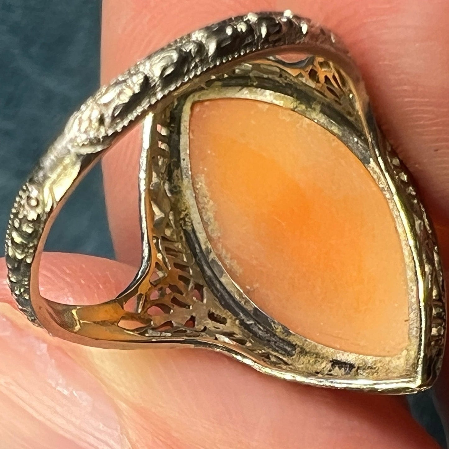 14k White Gold Cameo Nude Nymph Dancer Filigree Ring. 1" Marquise