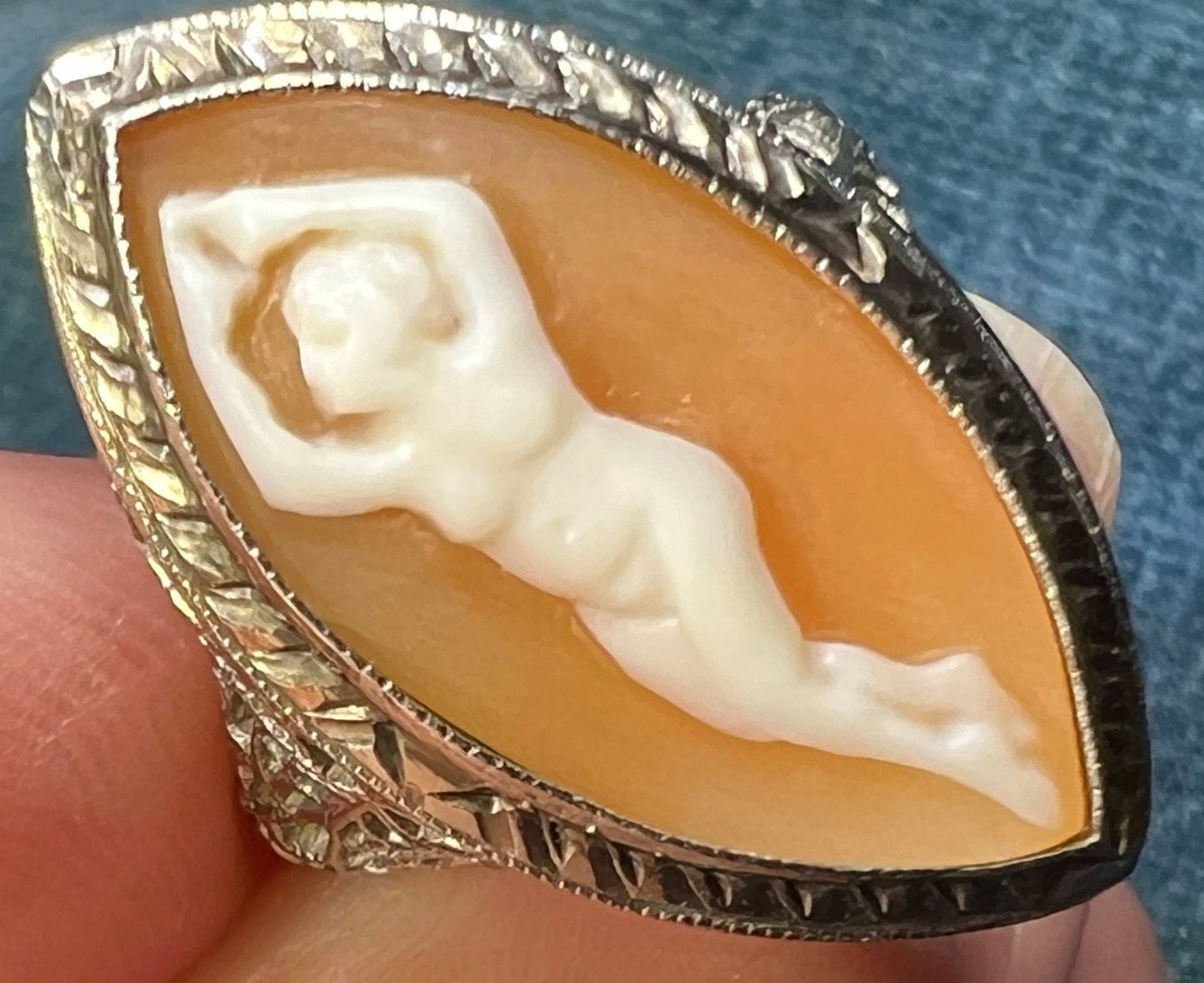 14k White Gold Cameo Nude Nymph Dancer Filigree Ring. 1" Marquise