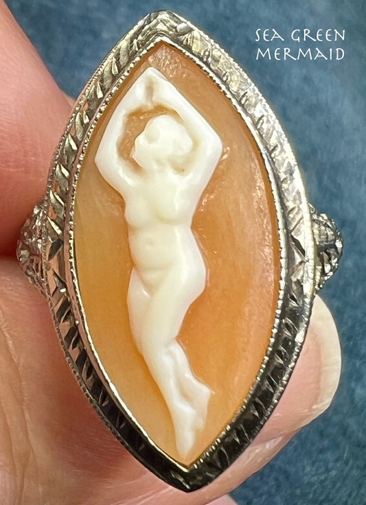 14k White Gold Cameo Nude Nymph Dancer Filigree Ring. 1" Marquise