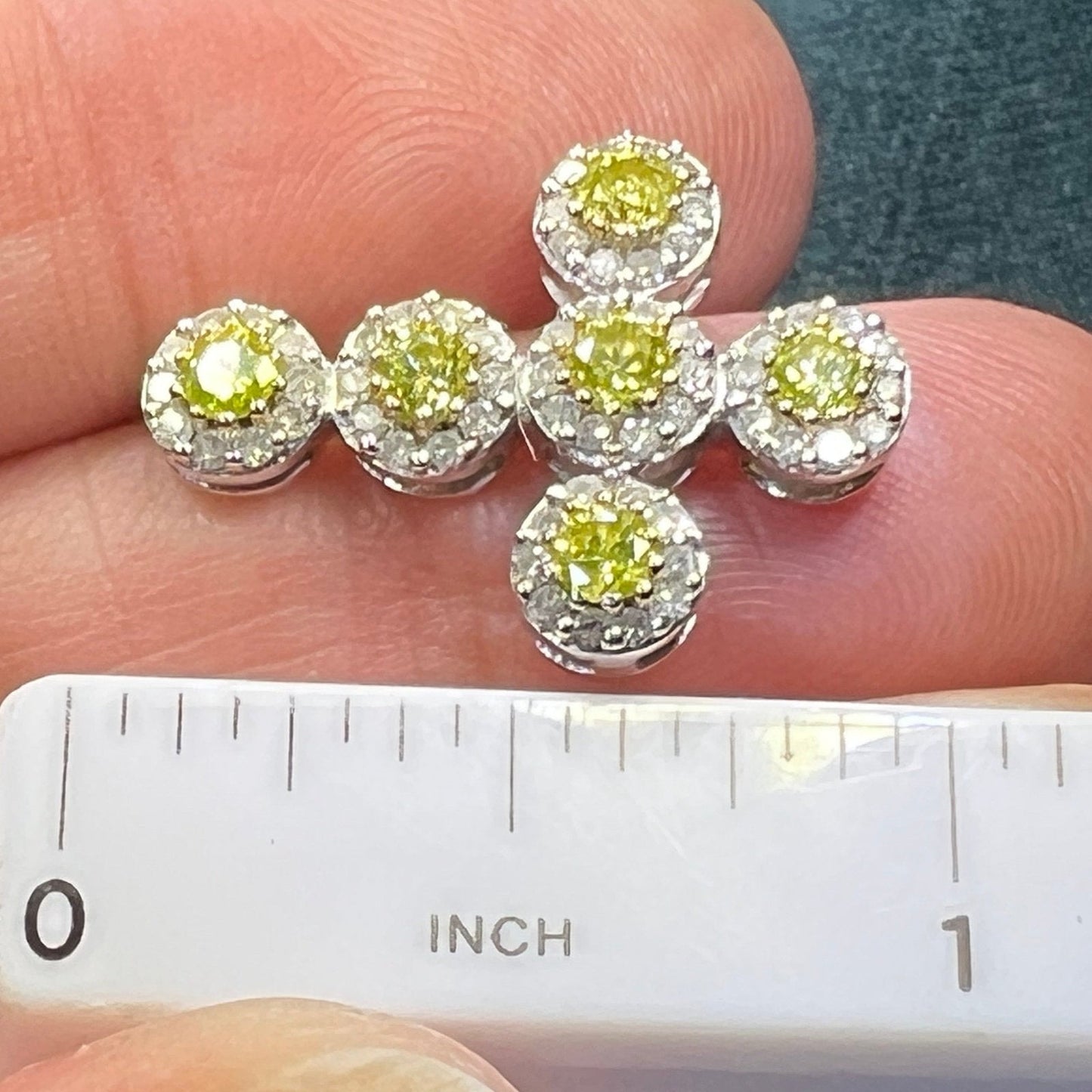 14k White Gold Canary Yellow + Clear Cross Pendant. 1"