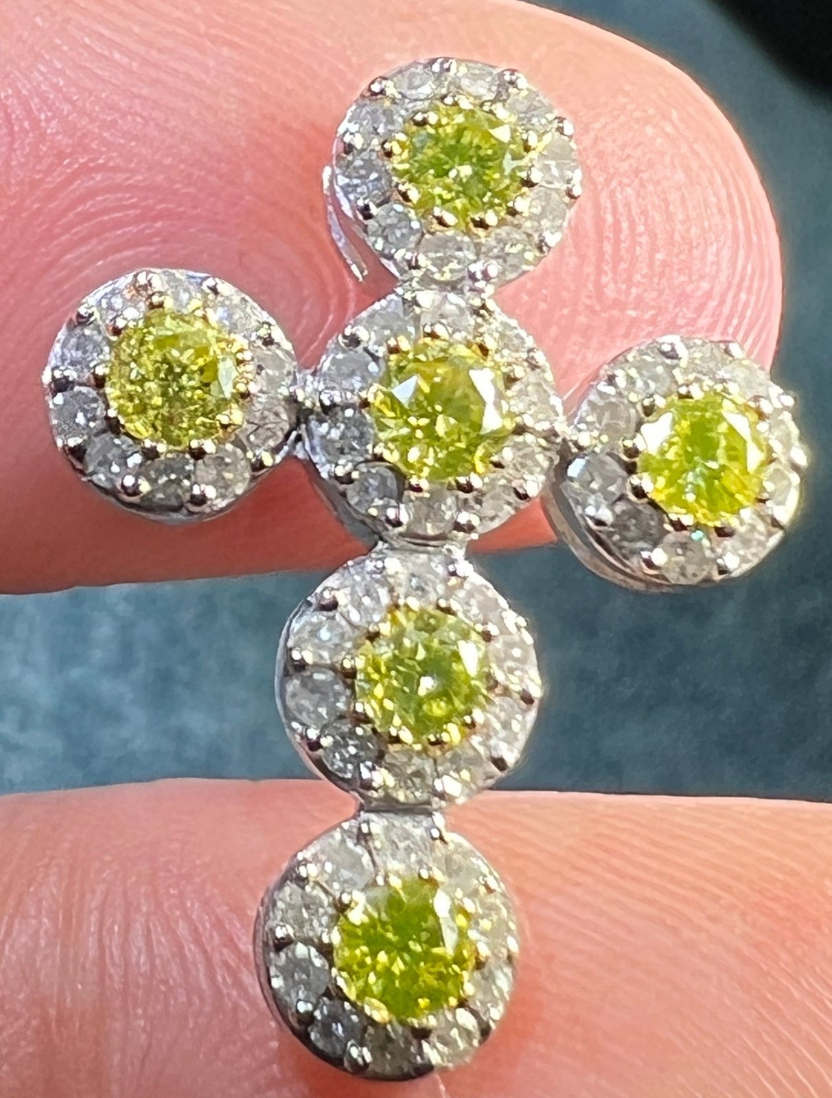 14k White Gold Canary Yellow + Clear Cross Pendant. 1"