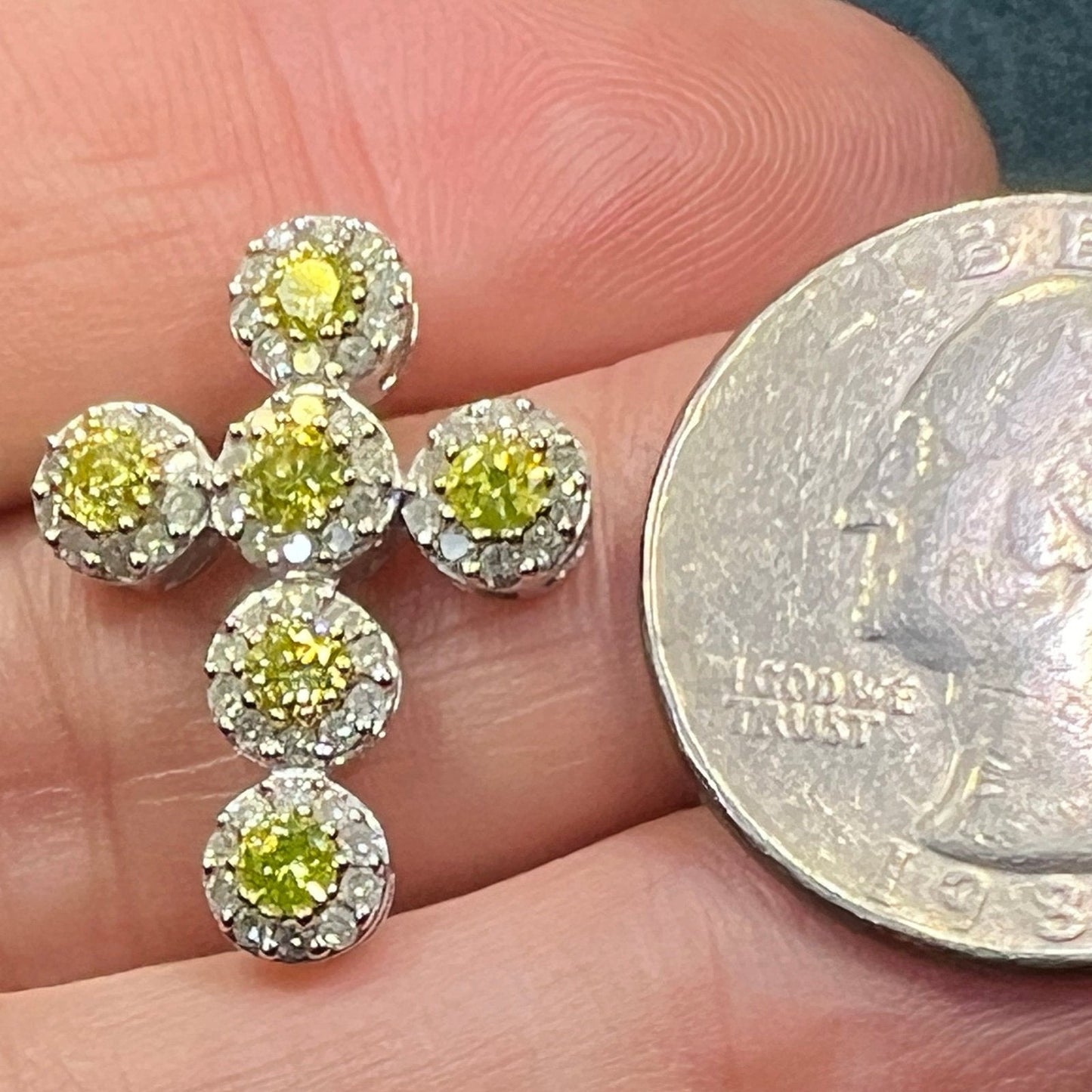 14k White Gold Canary Yellow + Clear Cross Pendant. 1"