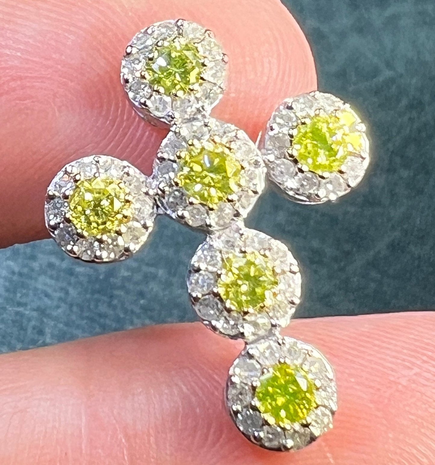 14k White Gold Canary Yellow + Clear Cross Pendant. 1"