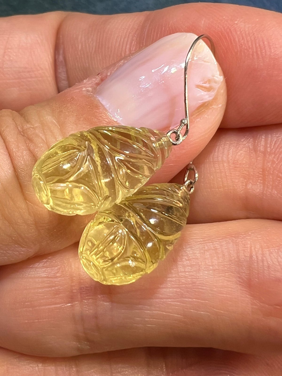 14k White Gold Carved Lemon Citrine Baton Dangle Earrings *Video*