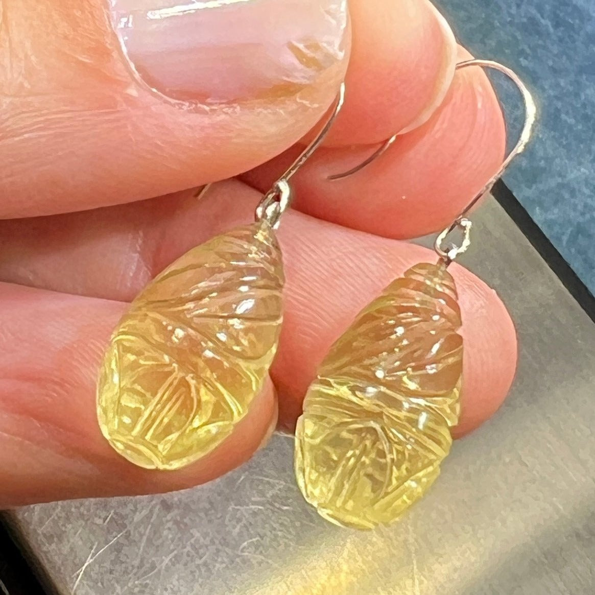 14k White Gold Carved Lemon Citrine Baton Dangle Earrings *Video*