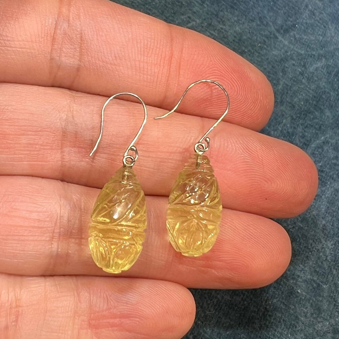 14k White Gold Carved Lemon Citrine Baton Dangle Earrings *Video*