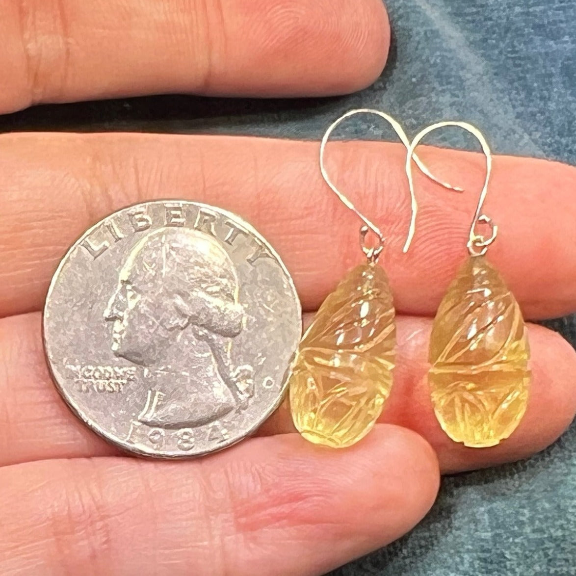 14k White Gold Carved Lemon Citrine Baton Dangle Earrings *Video*