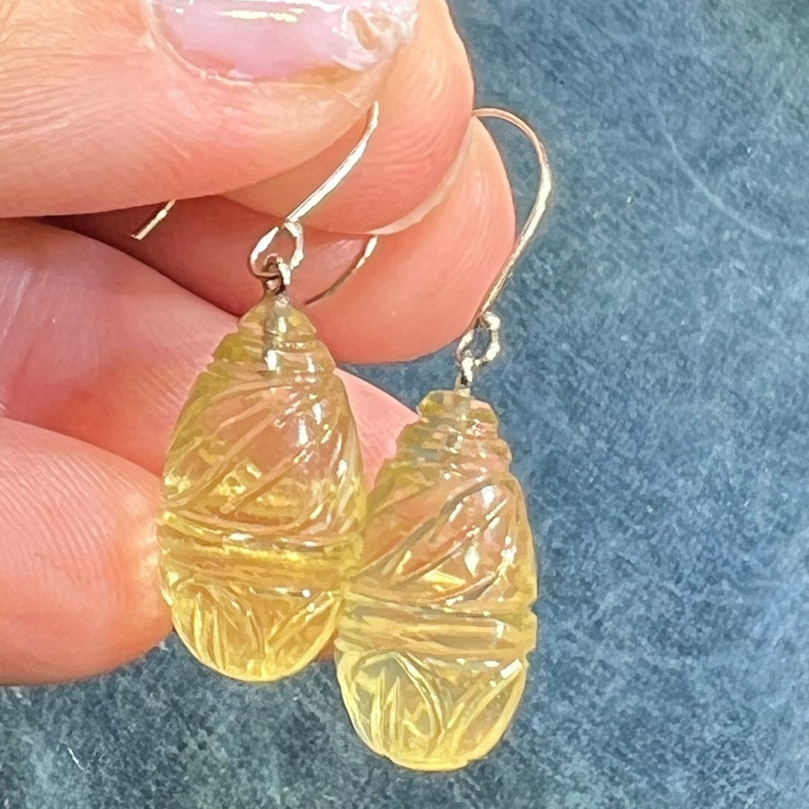 14k White Gold Carved Lemon Citrine Baton Dangle Earrings *Video*