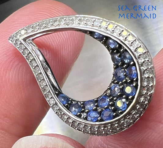 14k White Gold Diamond + Blue Sapphire Teardrop Raindrop Pendant