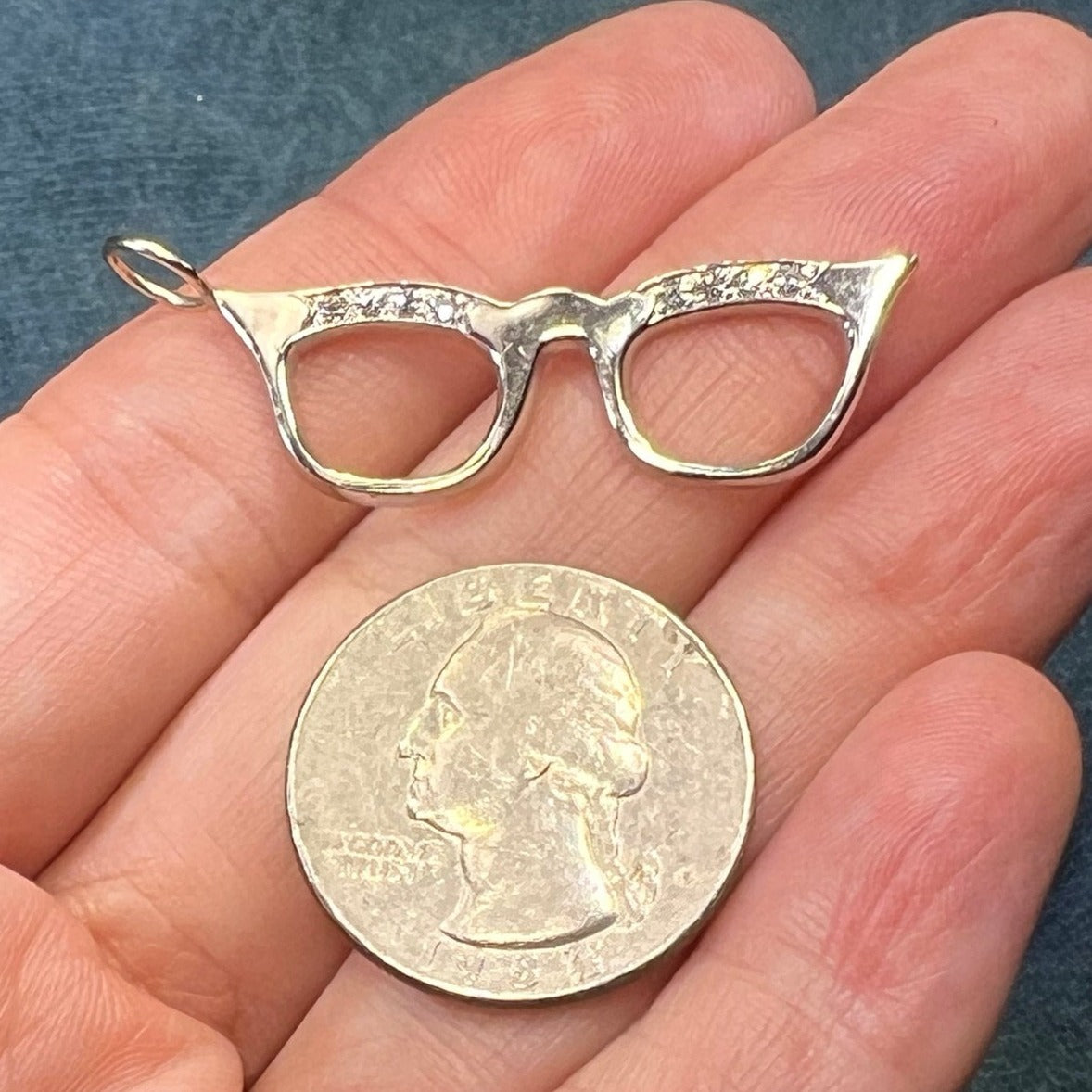 14k White Gold & Diamond Frame CAT-EYE GLASSES Pendant. 1.6"