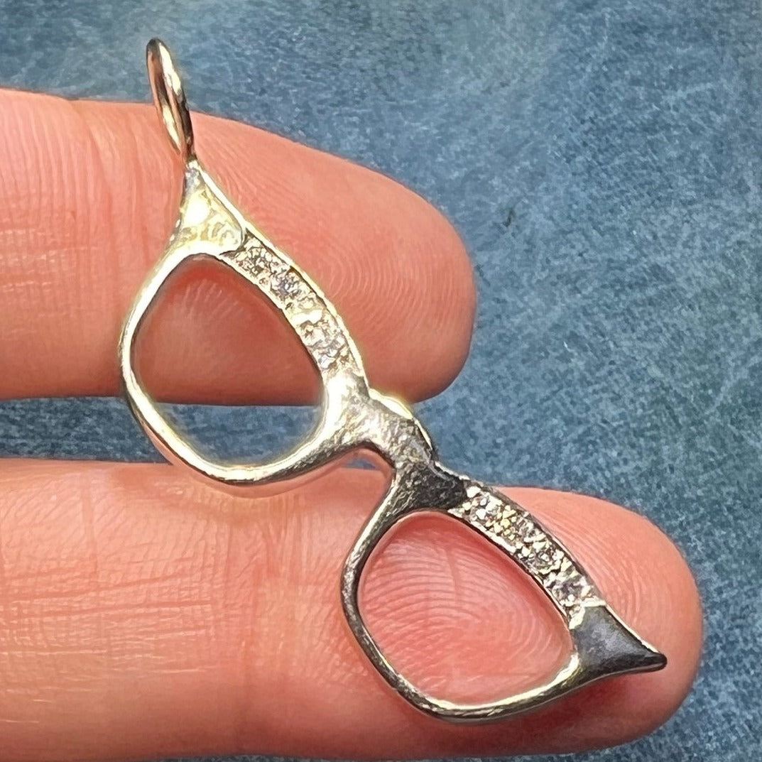 14k White Gold & Diamond Frame CAT-EYE GLASSES Pendant. 1.6"