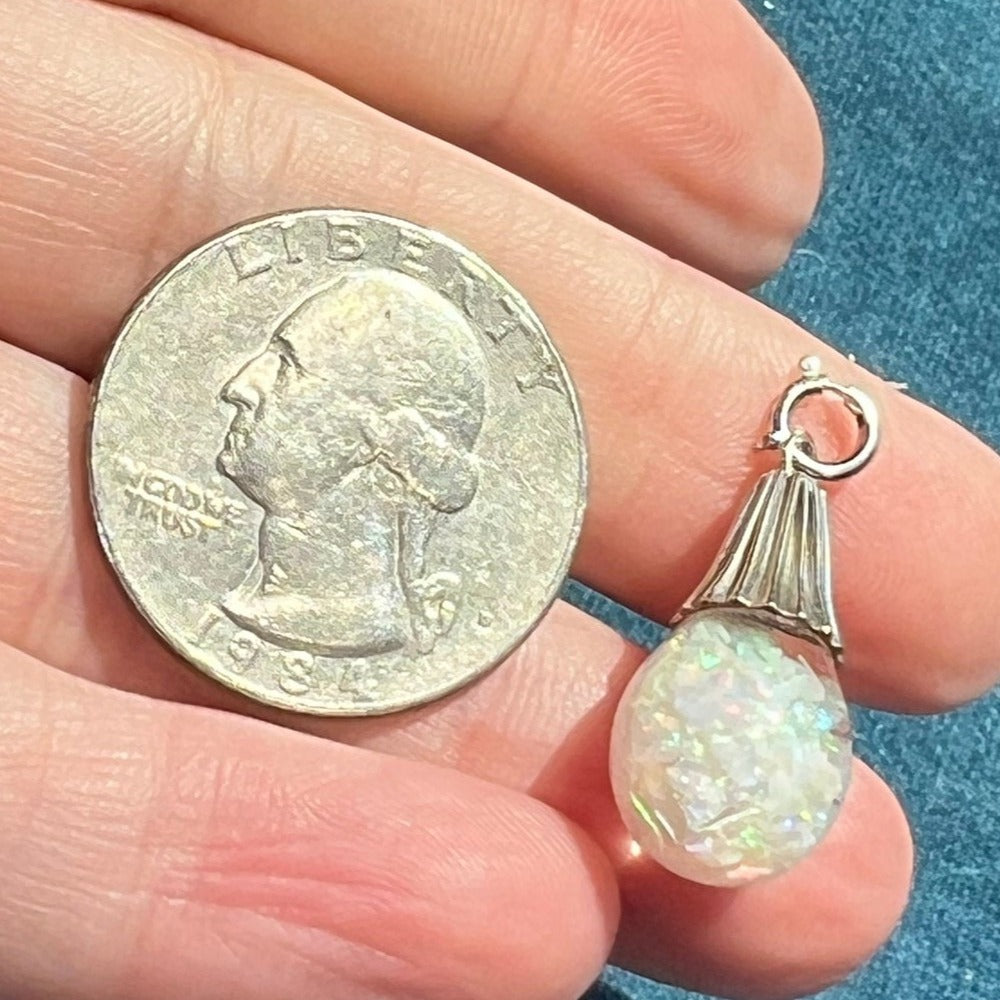 14k White Gold FLOATING OPAL Snow Globe Pendant. Ribbed **Video**