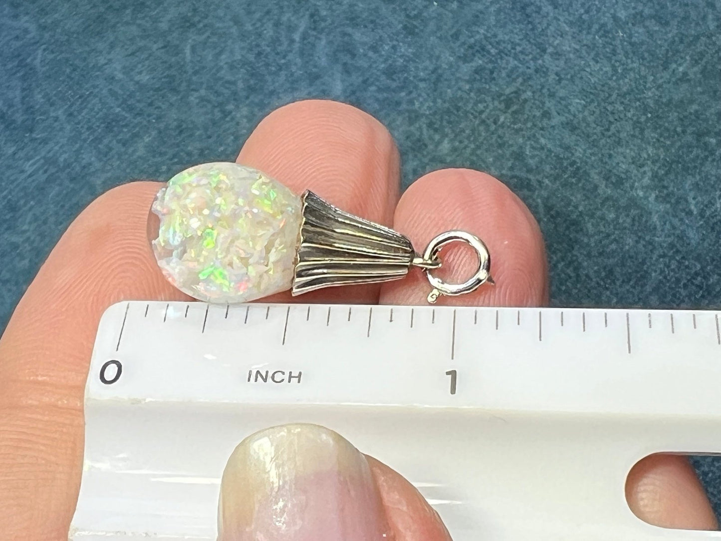 14k White Gold FLOATING OPAL Snow Globe Pendant. Ribbed **Video**