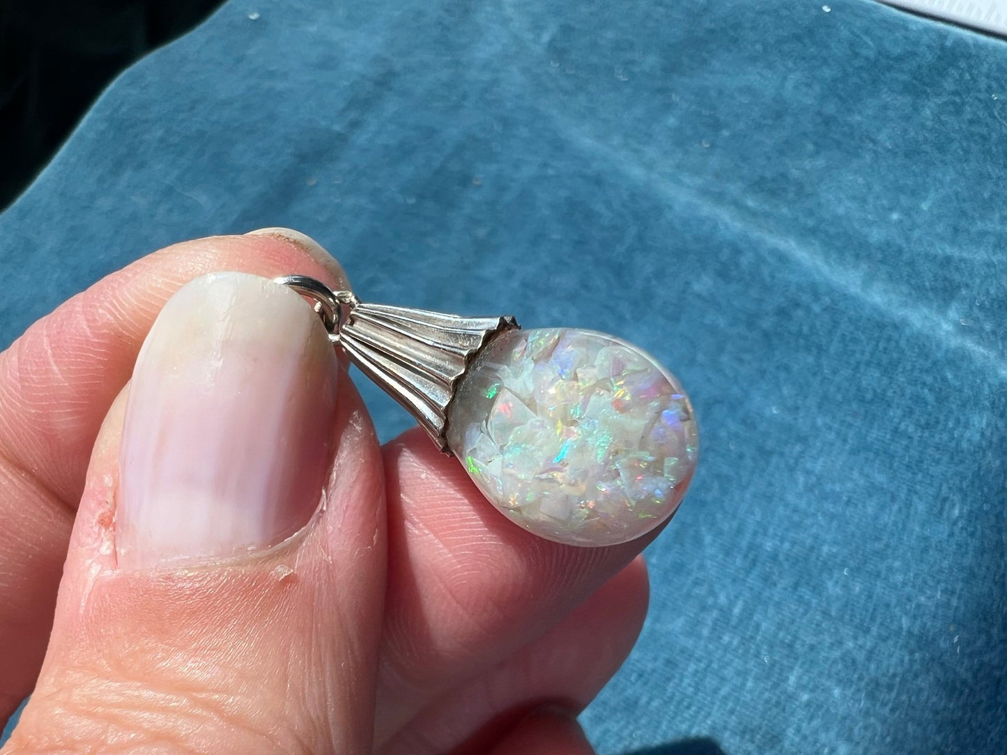 14k White Gold FLOATING OPAL Snow Globe Pendant. Ribbed **Video**