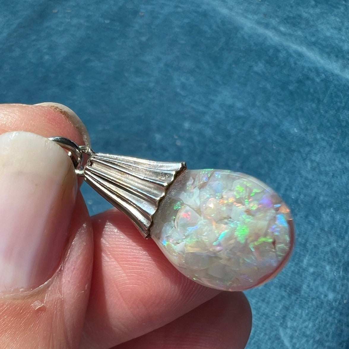 14k White Gold FLOATING OPAL Snow Globe Pendant. Ribbed **Video**