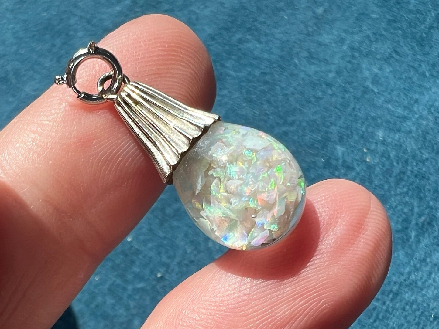 14k White Gold FLOATING OPAL Snow Globe Pendant. Ribbed **Video**