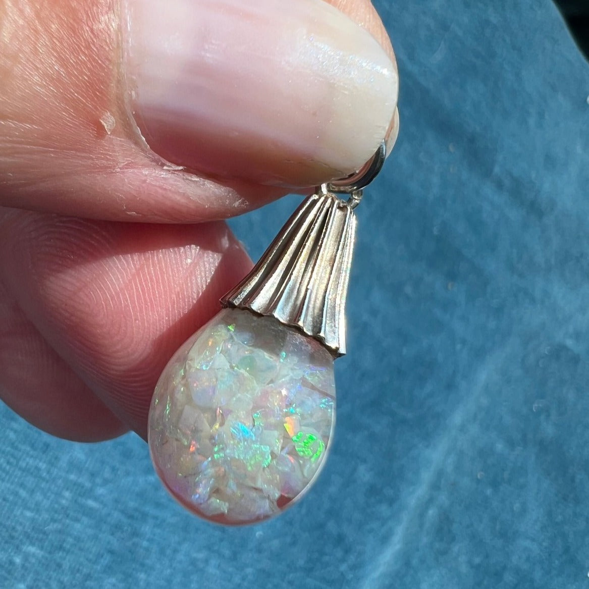 14k White Gold FLOATING OPAL Snow Globe Pendant. Ribbed **Video**