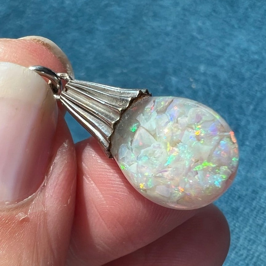 14k White Gold FLOATING OPAL Snow Globe Pendant. Ribbed **Video**