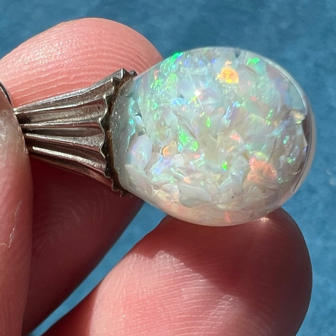 14k White Gold FLOATING OPAL Snow Globe Pendant. Ribbed **Video**