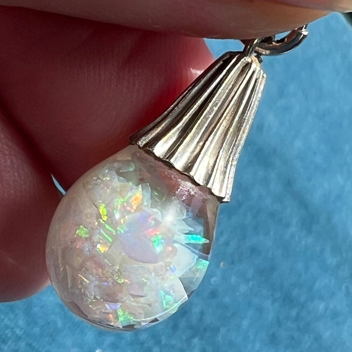 14k White Gold FLOATING OPAL Snow Globe Pendant. Ribbed **Video**