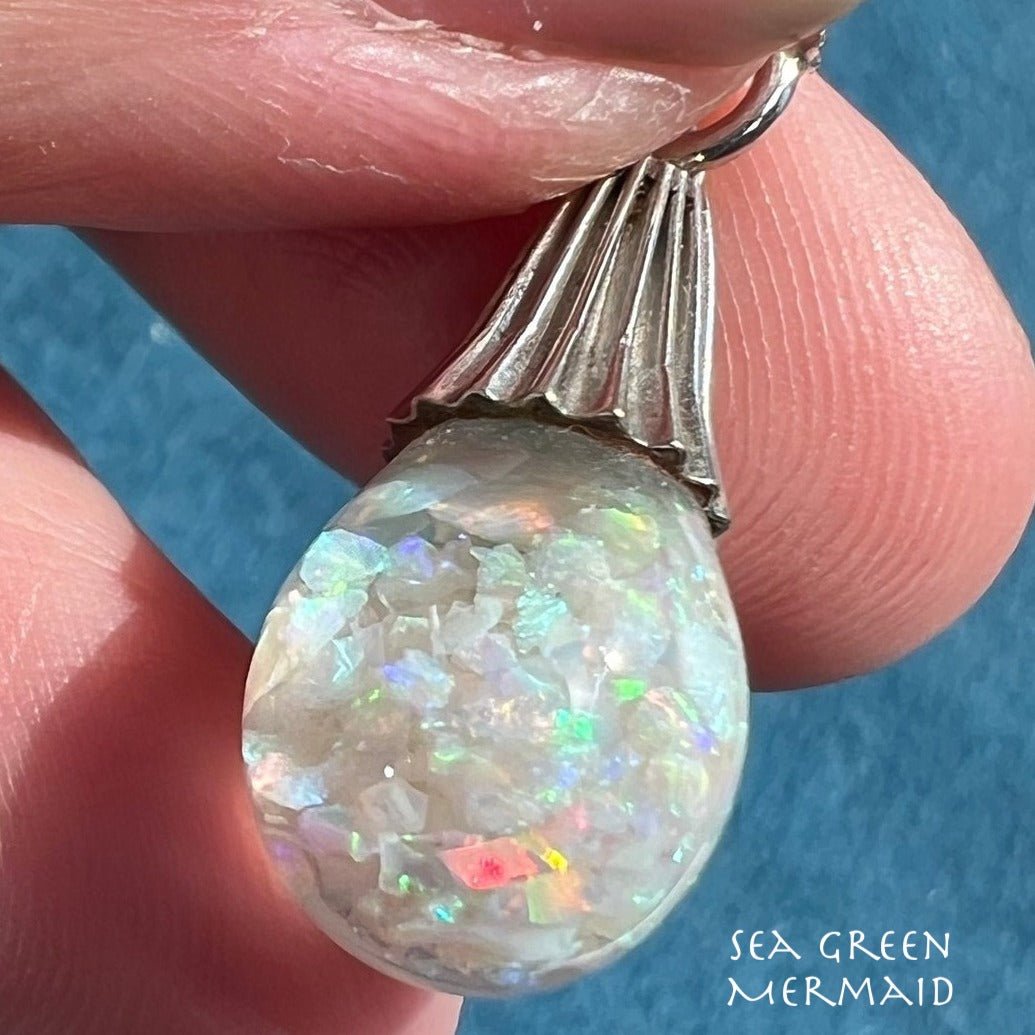 14k White Gold FLOATING OPAL Snow Globe Pendant. Ribbed **Video**