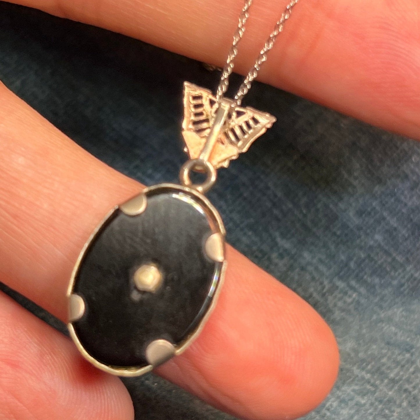 14k White Gold Onyx Pendant w Diamond. 18" Chain Necklace. Deco