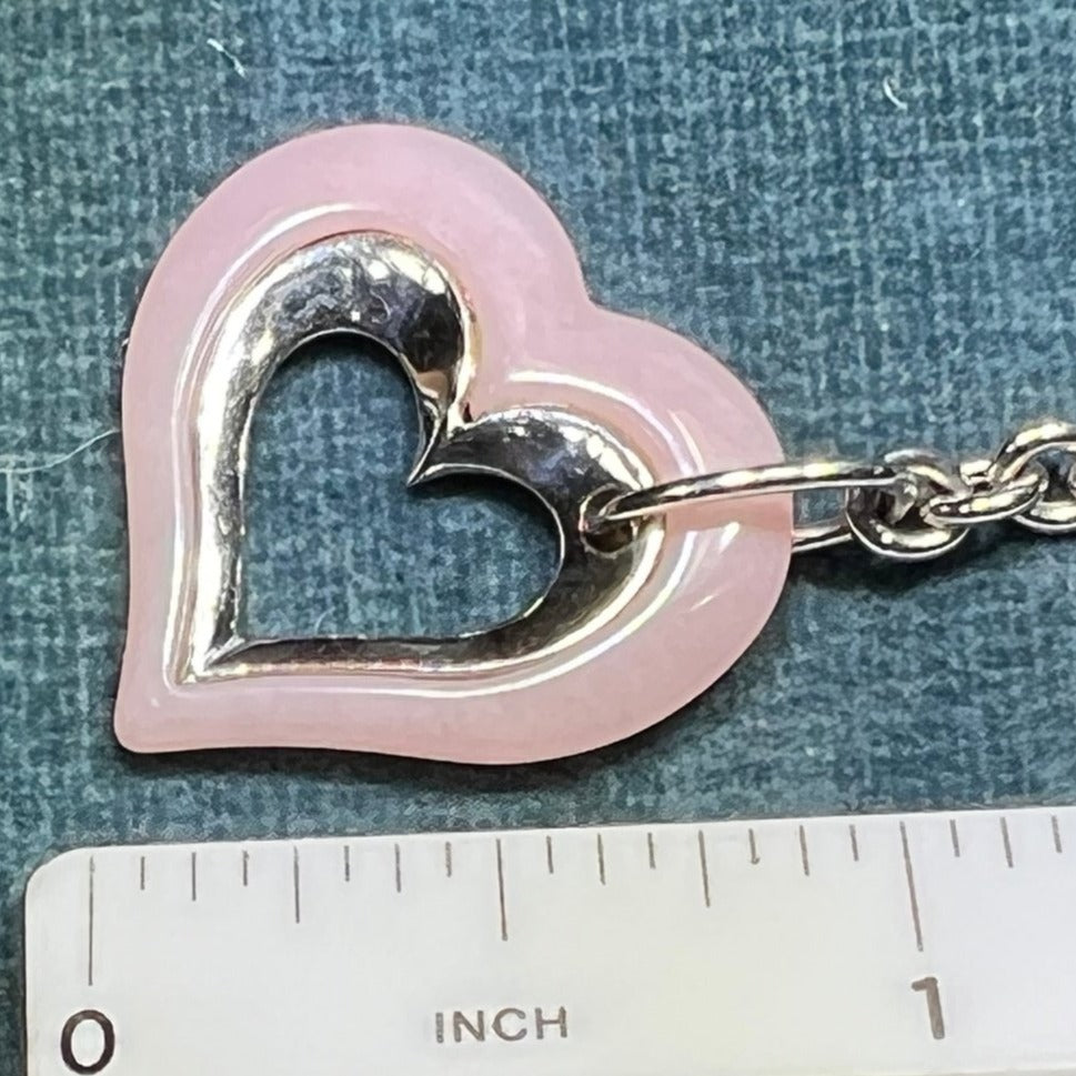 14k White Gold Pink Quartz Heart Rolo Station Chain Necklace. 12g