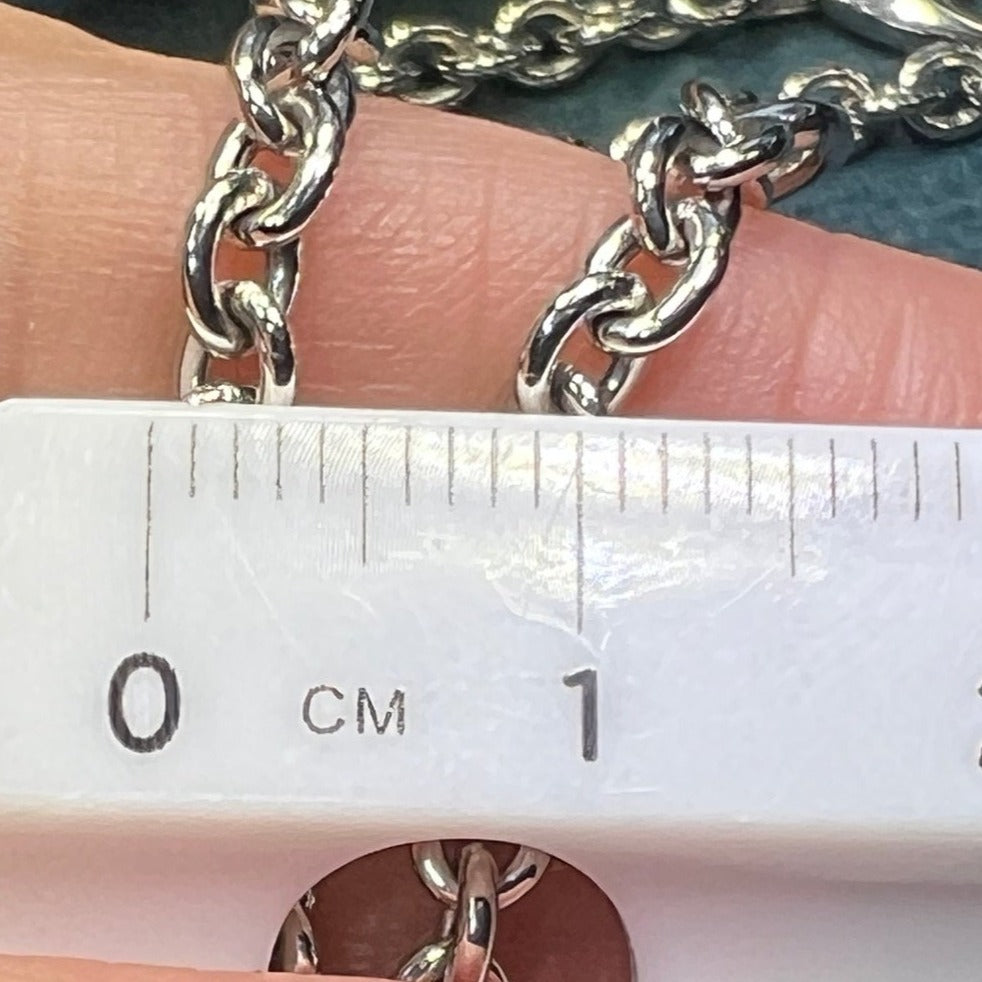 14k White Gold Pink Quartz Heart Rolo Station Chain Necklace. 12g