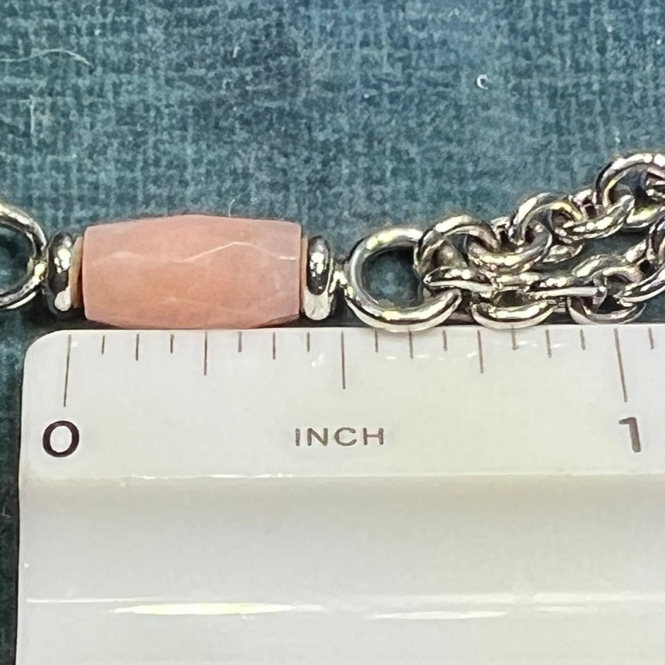 14k White Gold Pink Quartz Heart Rolo Station Chain Necklace. 12g