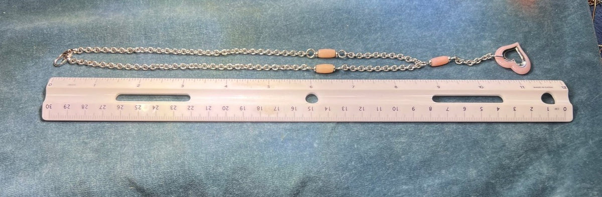 14k White Gold Pink Quartz Heart Rolo Station Chain Necklace. 12g