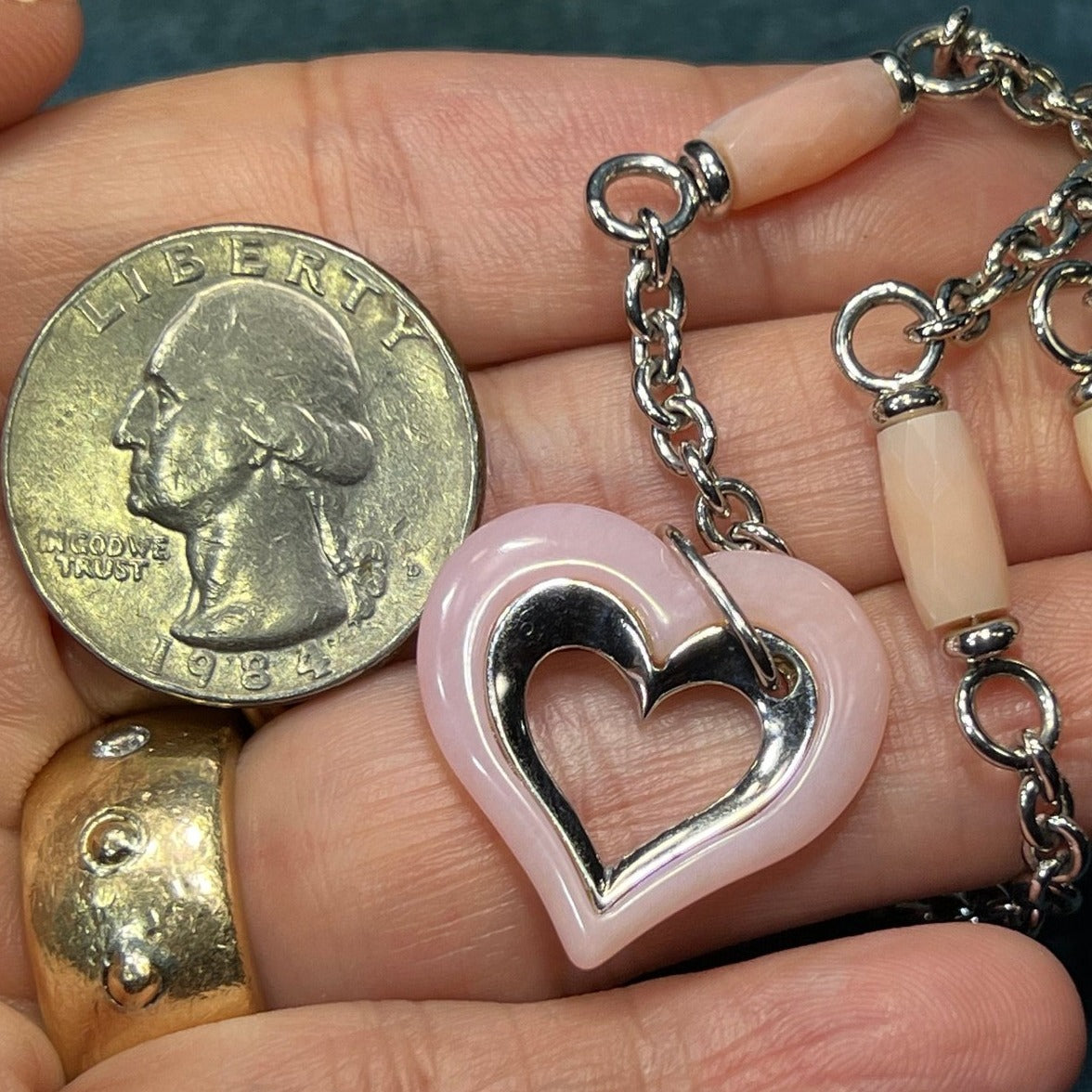 14k White Gold Pink Quartz Heart Rolo Station Chain Necklace. 12g