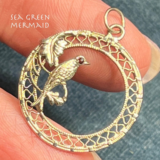 14k White Gold Sparrow Bird + 1" Filigree Circle Pendant. 1920s