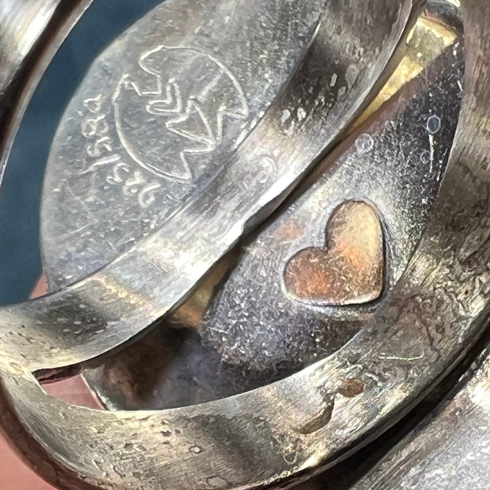 14k Yellow Gold "2 Bears in Love" w Heart in 925 Ring. Old Pawn