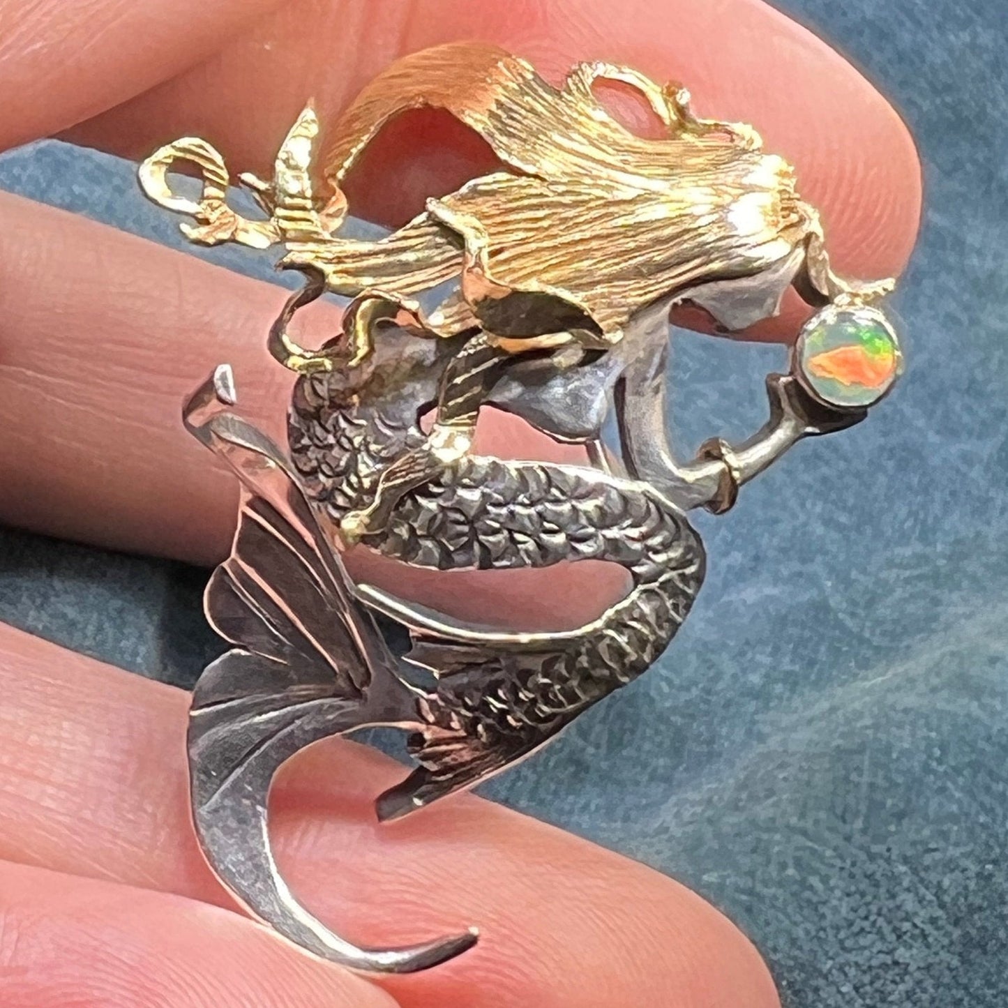 14k Yellow Gold & 925 Australian Opal MERMAID Pendant. 1.75" + 7g *Video*