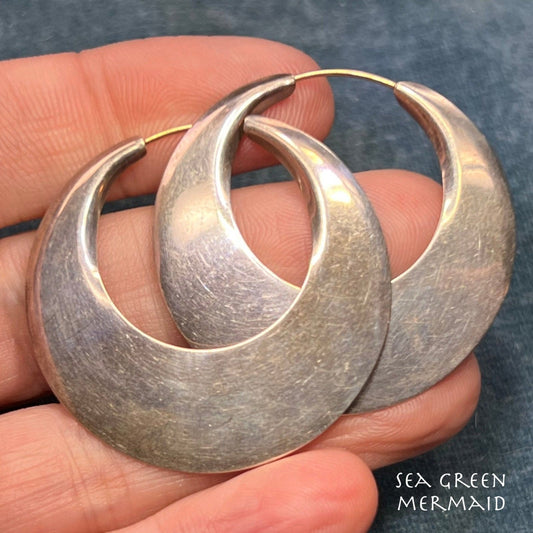 14k Yellow Gold & 925 ED LEVIN Large Wide Hoop Earrings. 1.5"