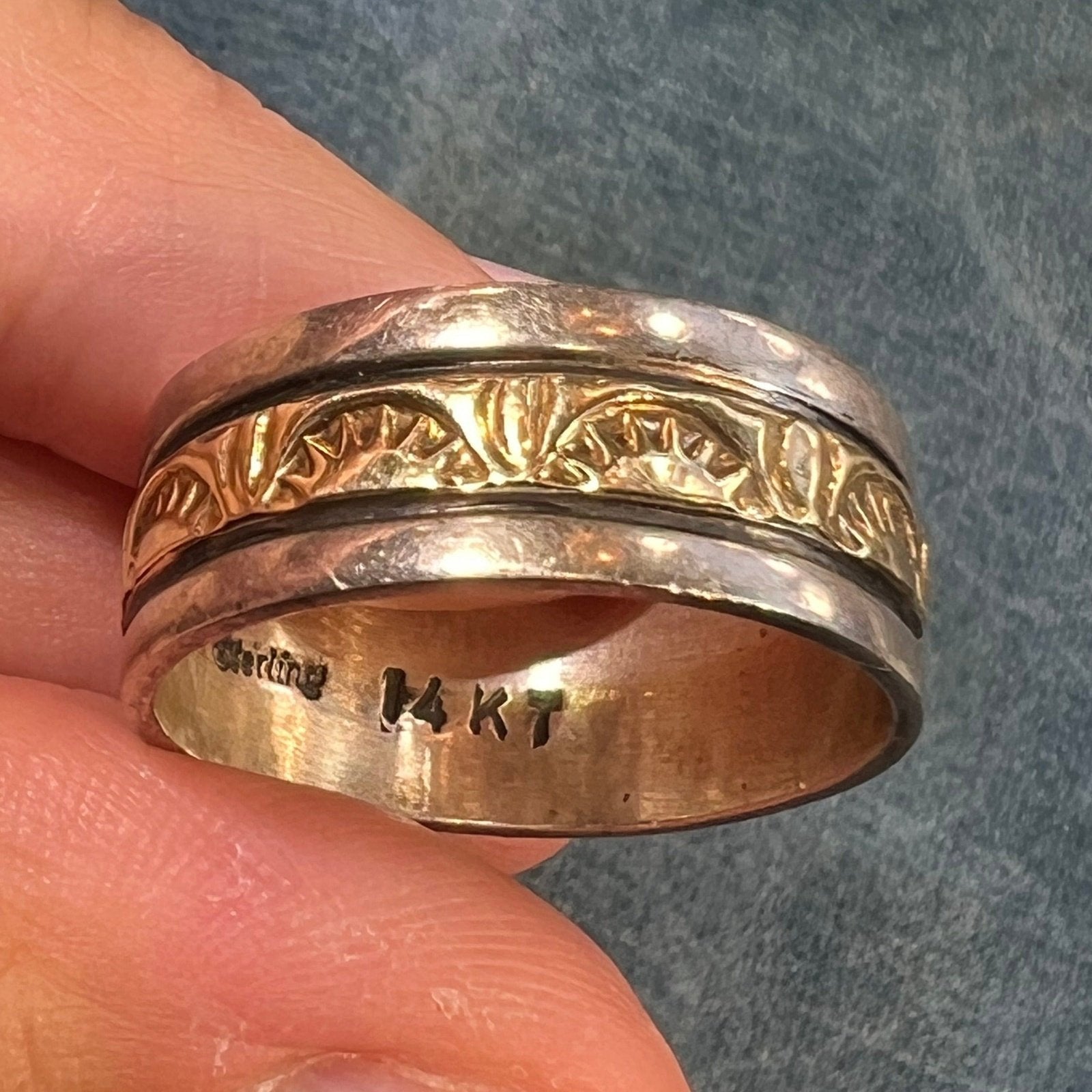 14k Yellow Gold & 925 SUNRISE Sunburst Pattern Ring. Wide Band