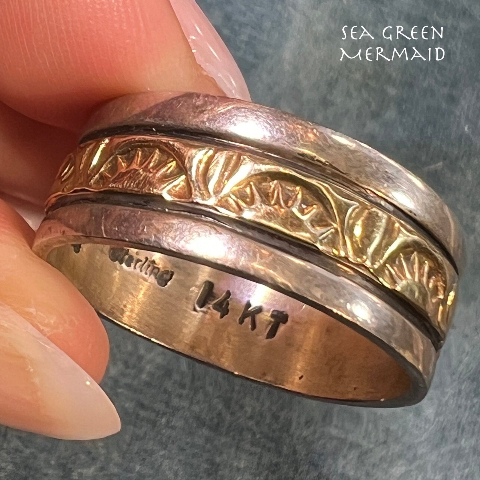 14k Yellow Gold & 925 SUNRISE Sunburst Pattern Ring. Wide Band