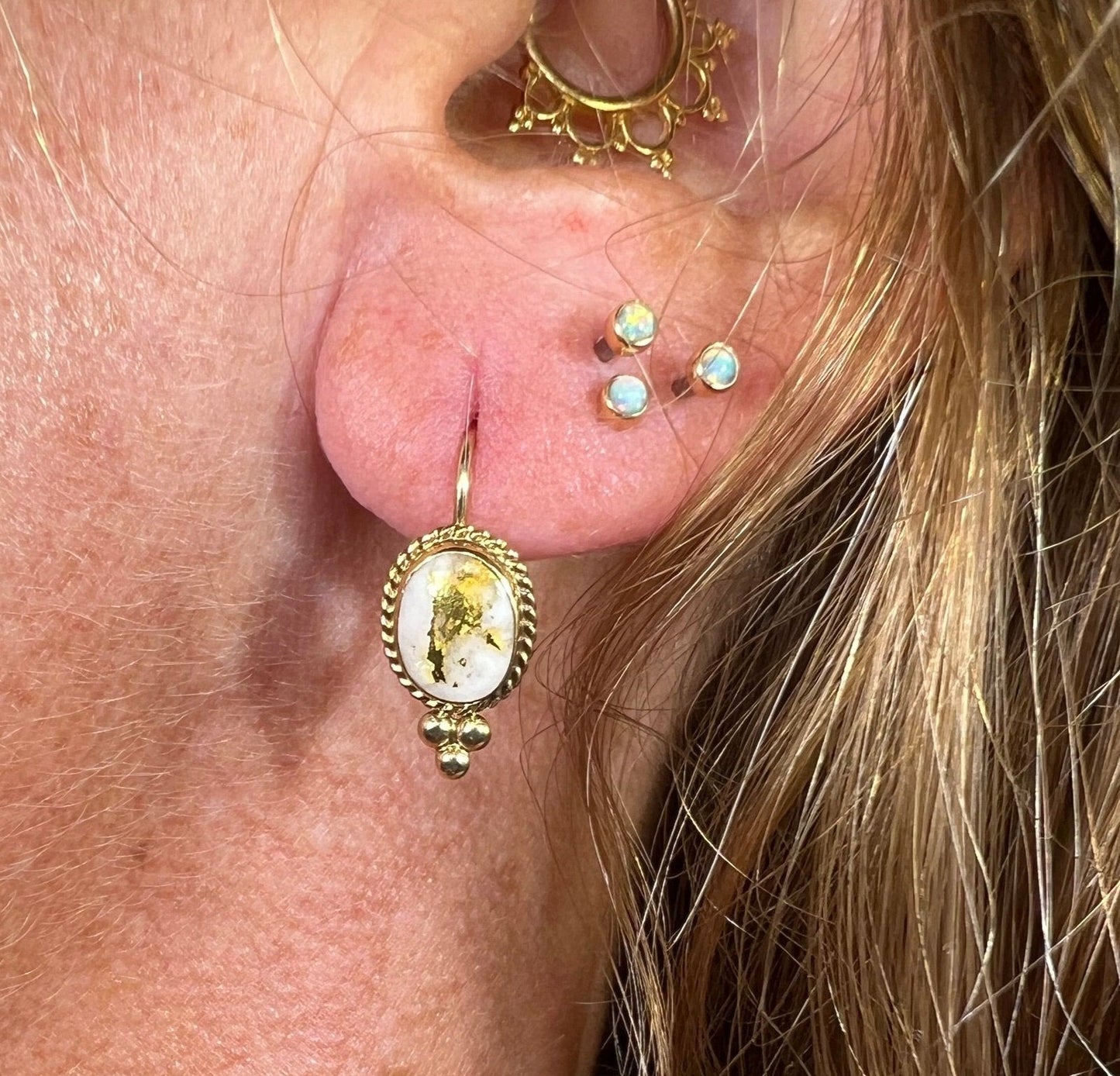 14k Yellow Alaskan Gold in Quartz Leverback Earrings. Carla
