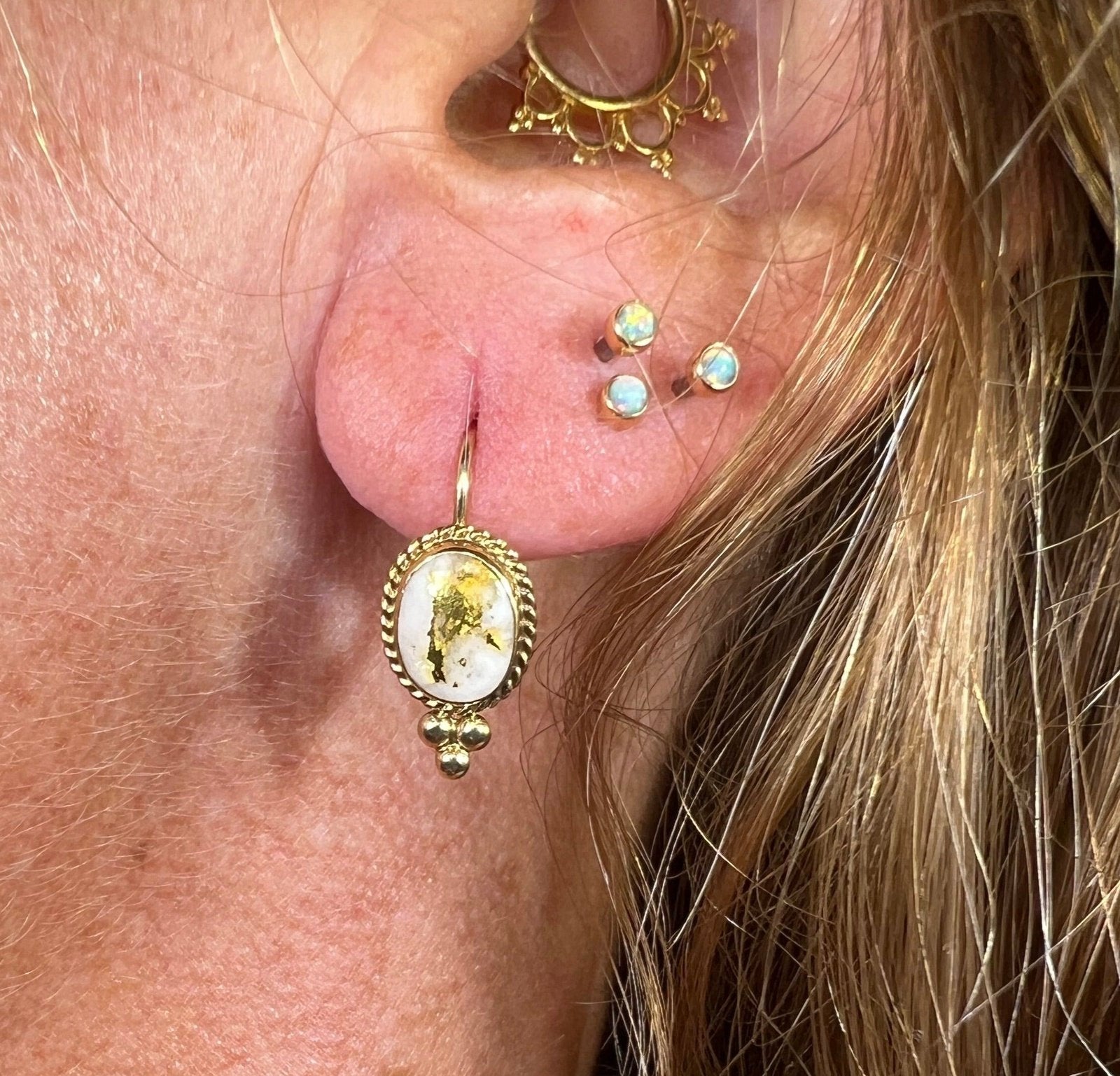 14k Yellow Alaskan Gold in Quartz Leverback Earrings. Carla