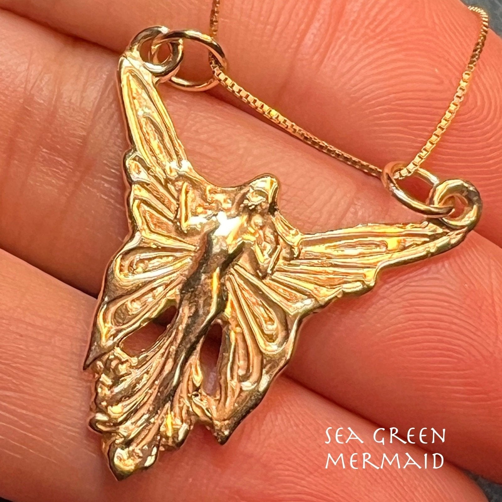 14k Yellow Gold Art Deco Angel Fairy Pendant. Large 1.25"