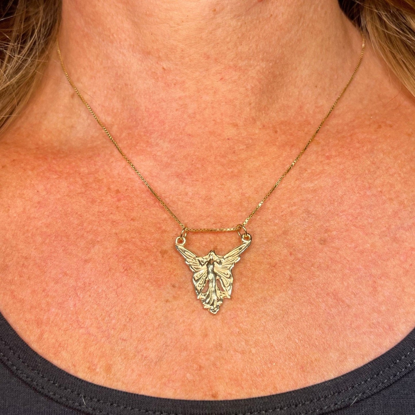 14k Yellow Gold Art Deco Angel Fairy Pendant. Large 1.25"