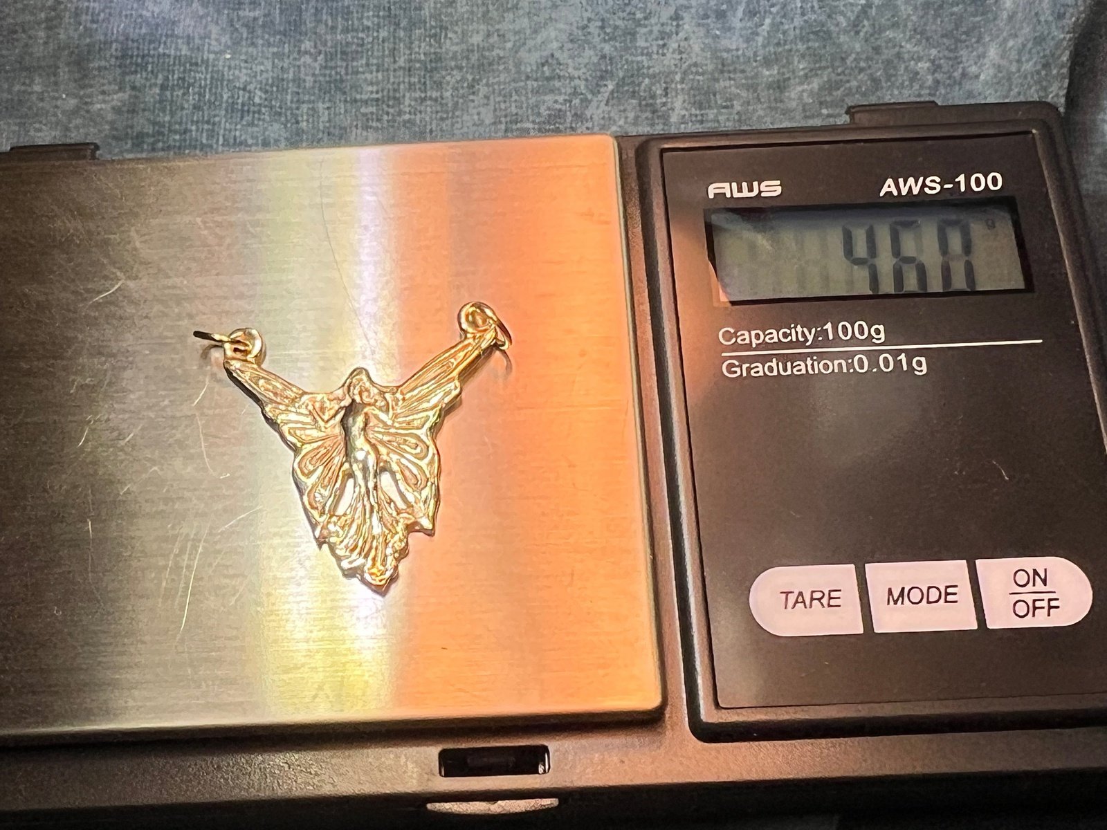 14k Yellow Gold Art Deco Angel Fairy Pendant. Large 1.25"