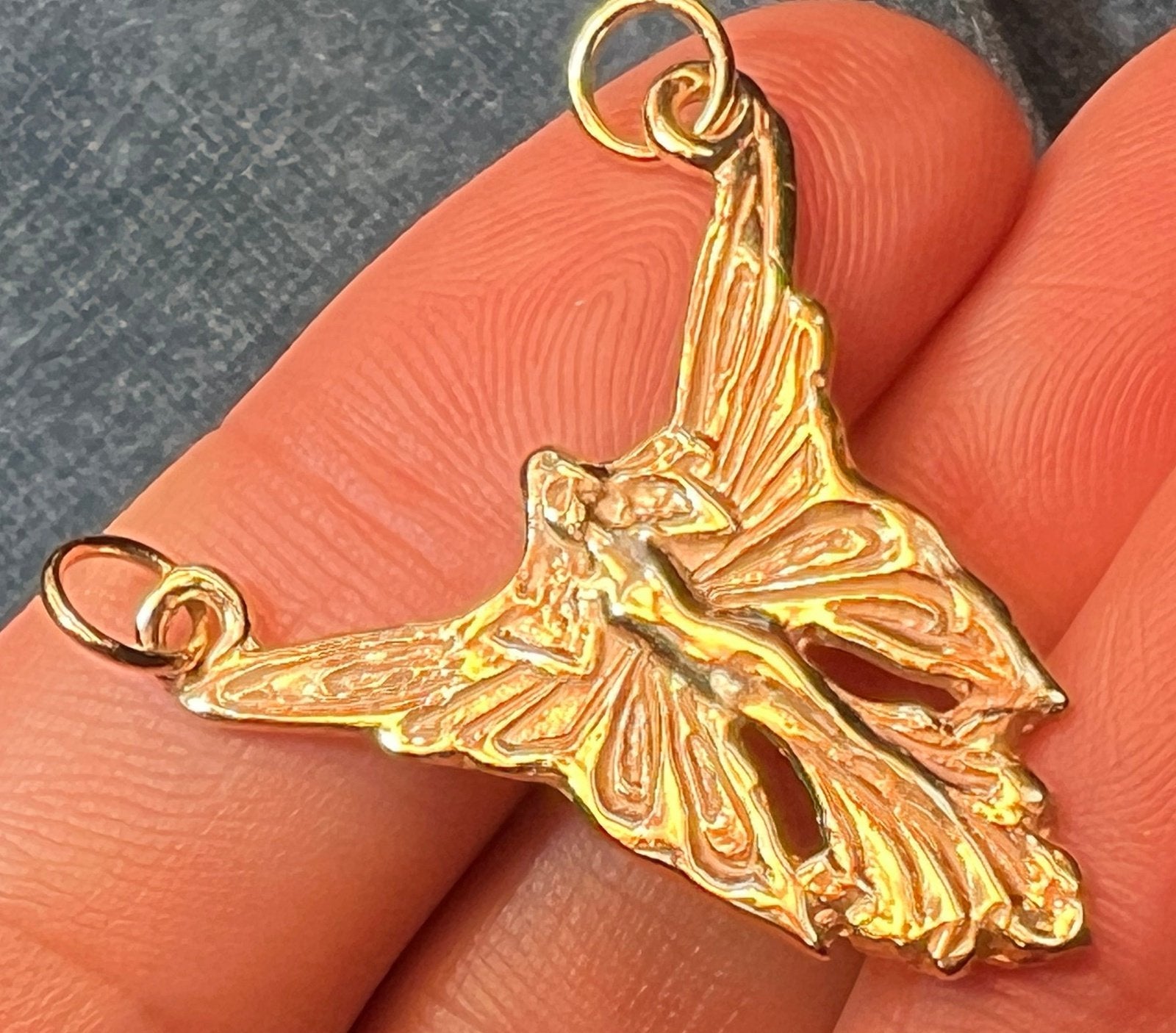 14k Yellow Gold Art Deco Angel Fairy Pendant. Large 1.25"