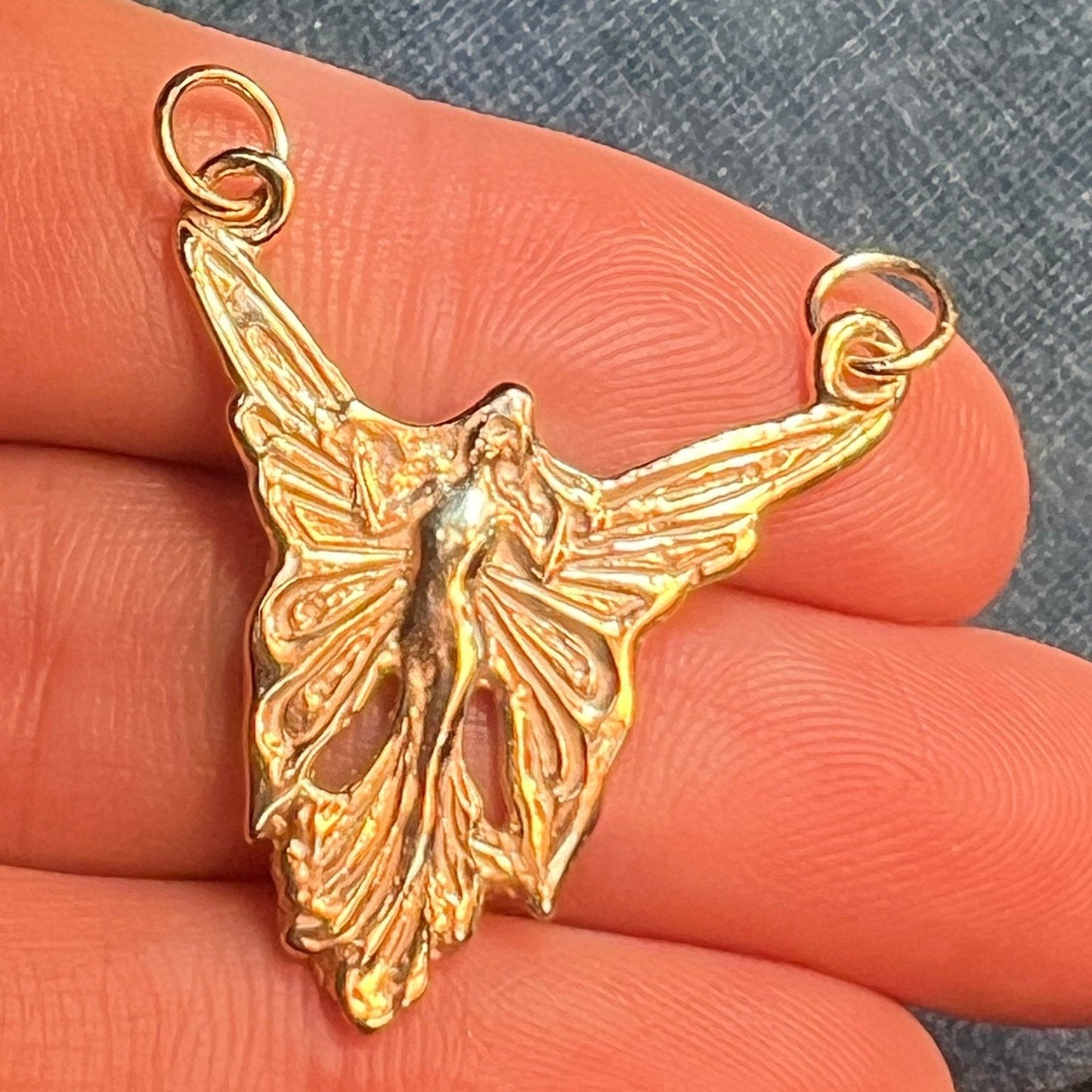 14k Yellow Gold Art Deco Angel Fairy Pendant. Large 1.25"