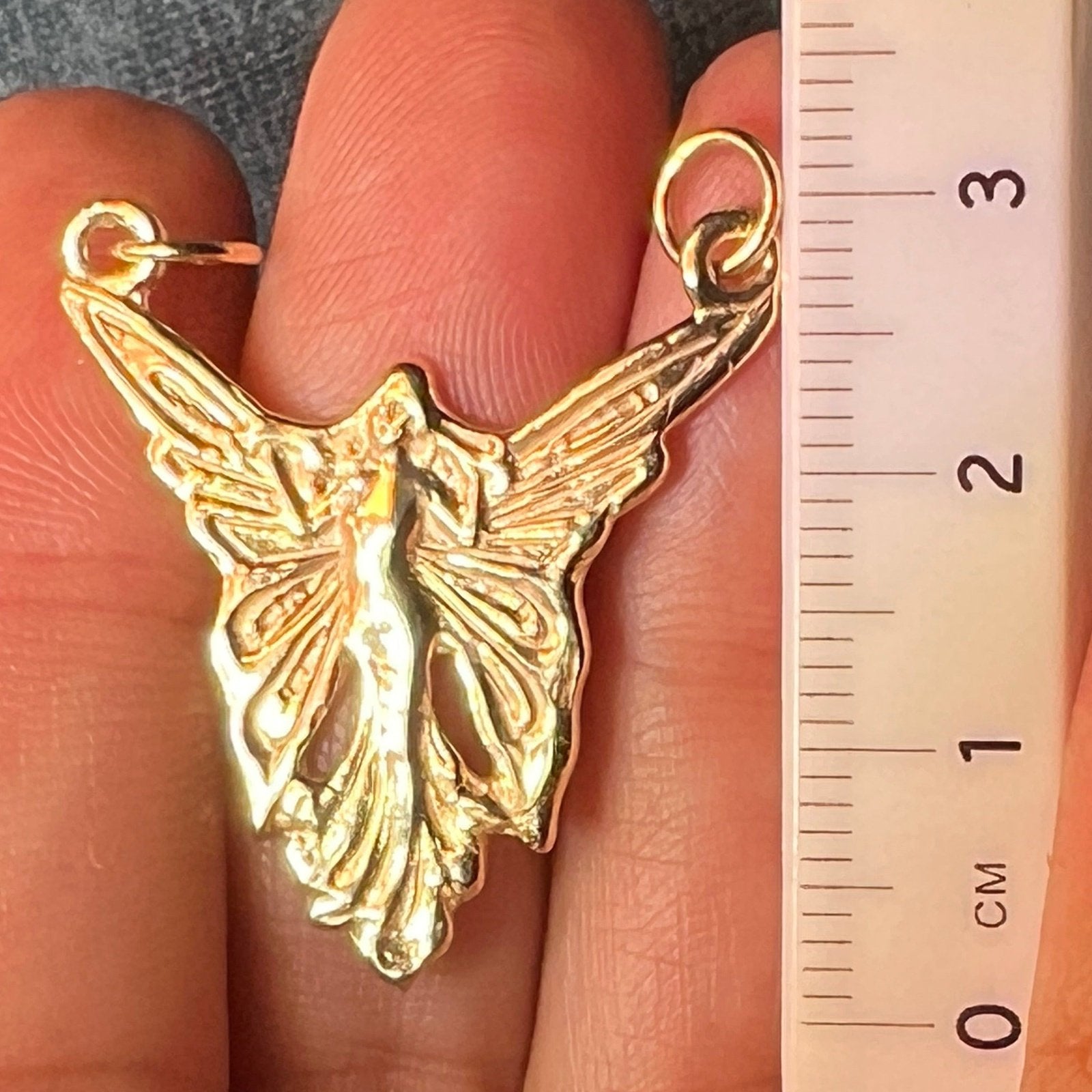14k Yellow Gold Art Deco Angel Fairy Pendant. Large 1.25"