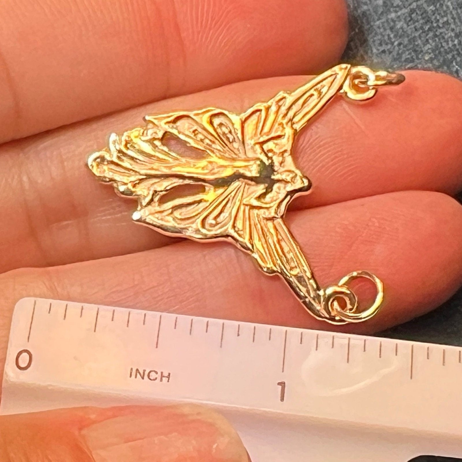 14k Yellow Gold Art Deco Angel Fairy Pendant. Large 1.25"