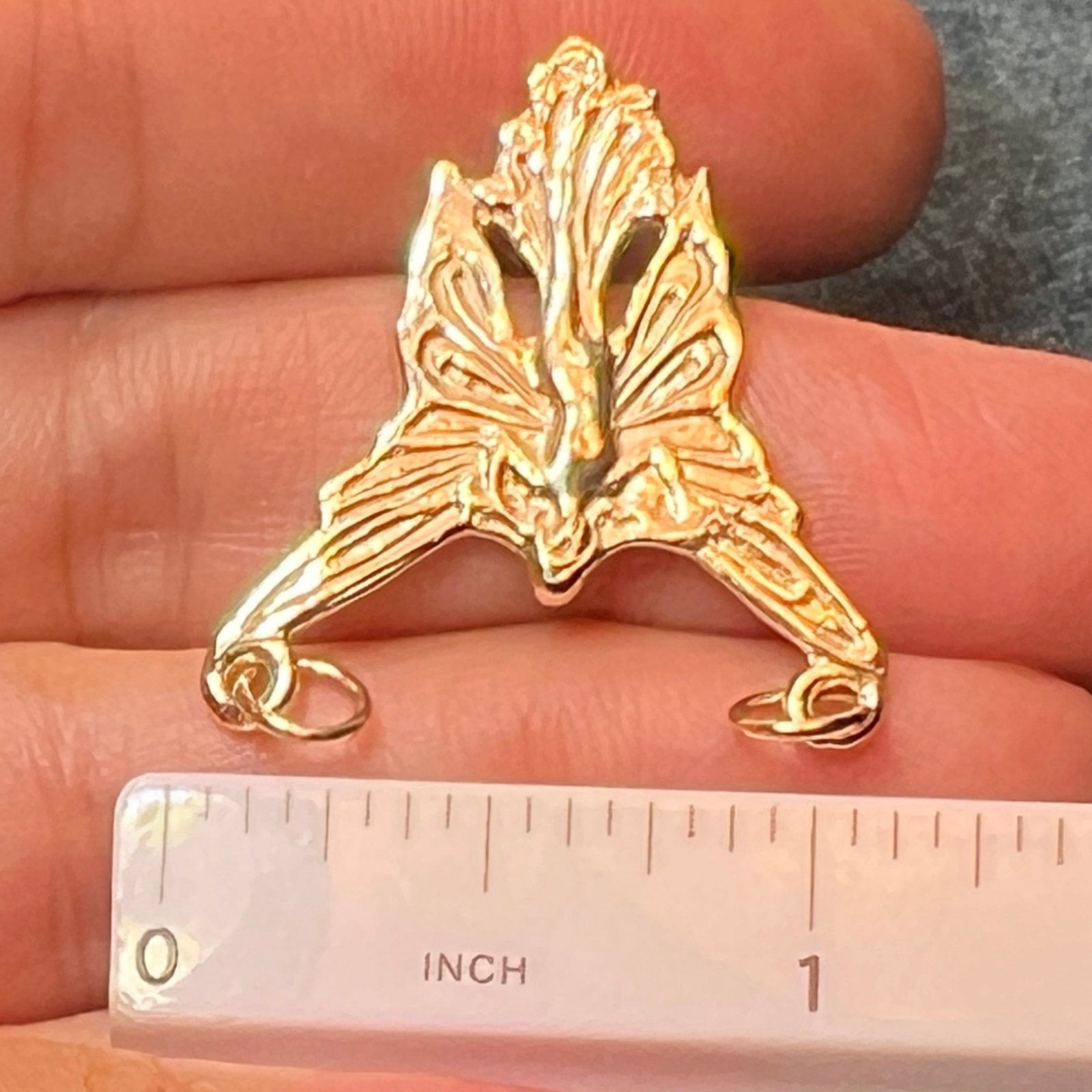 14k Yellow Gold Art Deco Angel Fairy Pendant. Large 1.25"